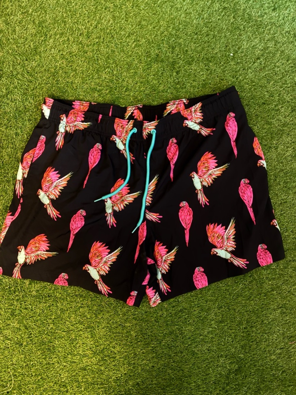 George Black Swim Shorts with Pink Floral Print and Turquoise Drawstring